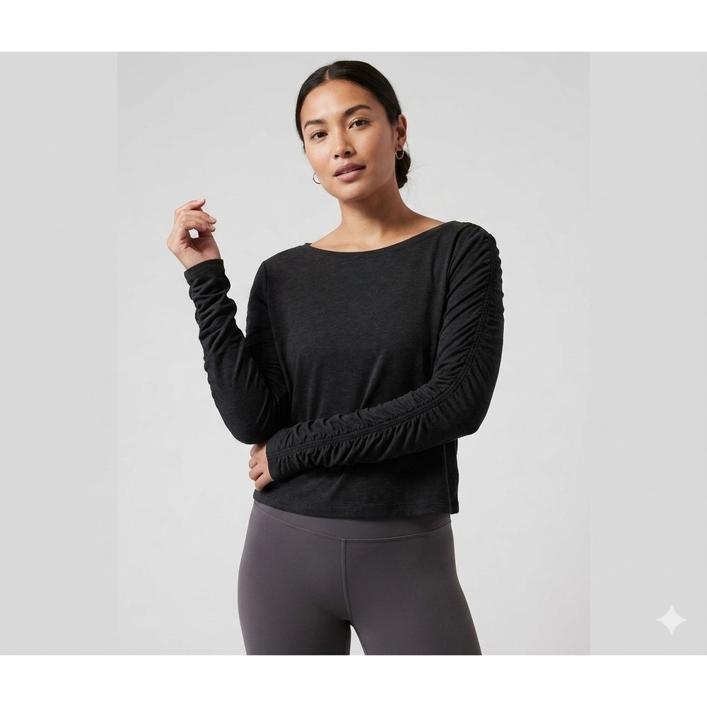 Athleta All Around Ruched Sleeve Boat Neck Top Modal Blend 882384 Black L